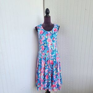 TANGO MANGO $99 Stretch Pin Tuck Floral Casual Tank Dress Monstera Blue Pink S
